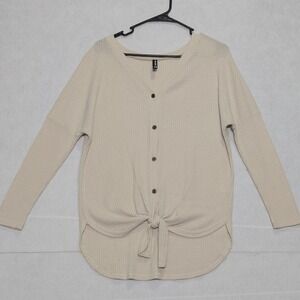 Iwollence Waffle Knit Button Front Tie Front V Neck Long Sleeve Top XS Beige 22"